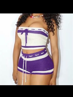 Women’s Purple & White Crochet High-Waist Shorts